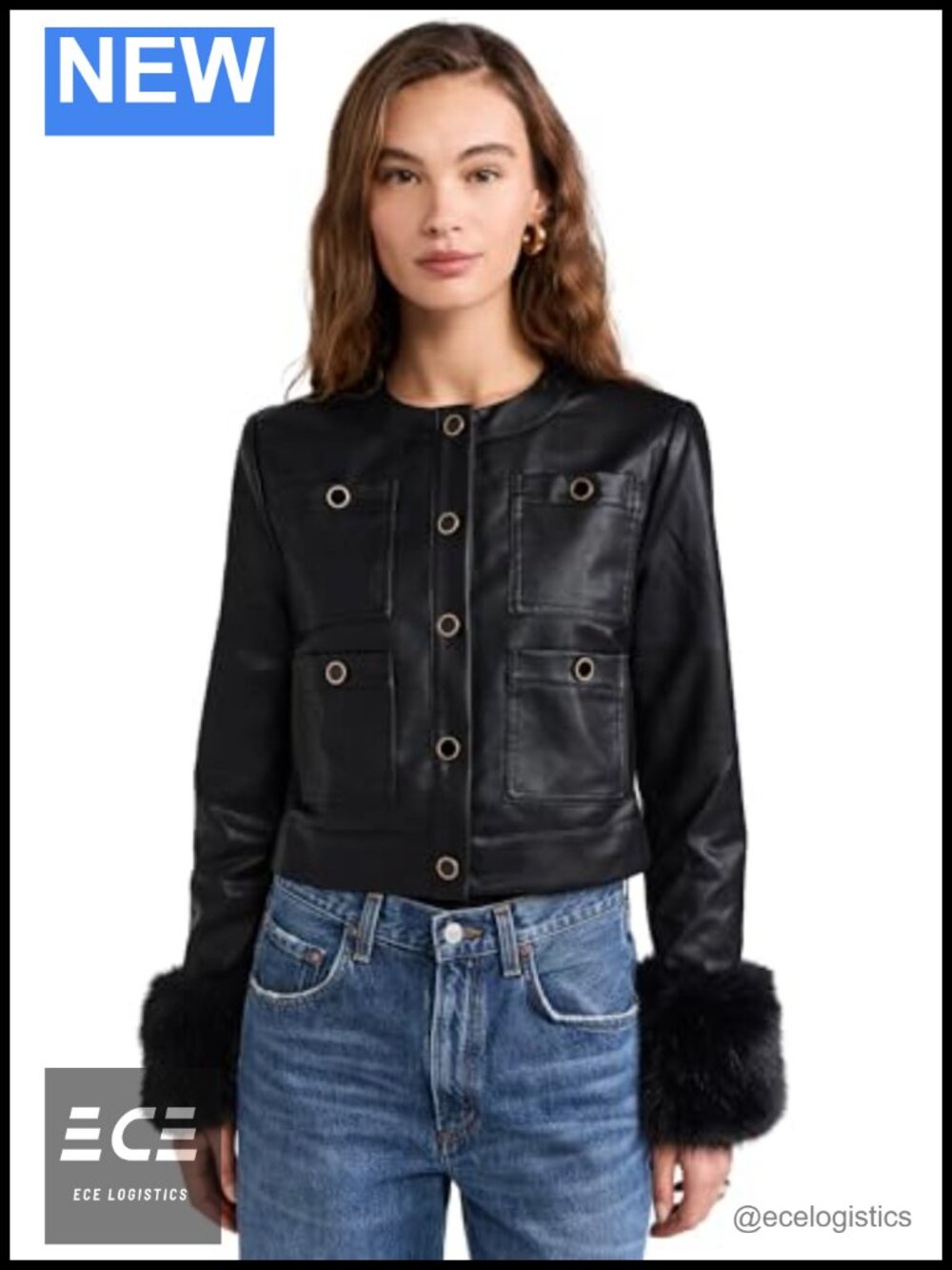 Faux Leather Boxy Jacket Lightweight Faux Fur Cuffs Blazer